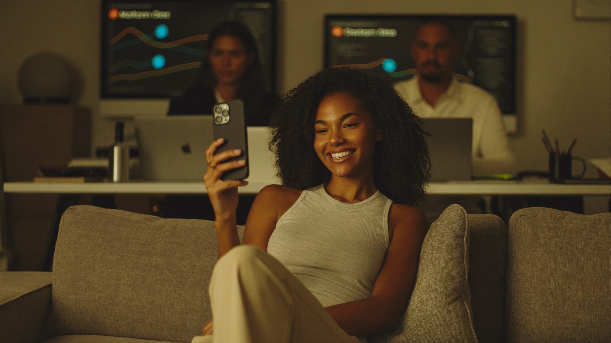Creator filming content while her management team works in the background