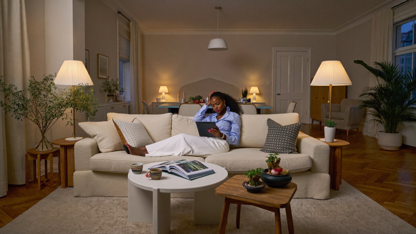 Creator reading a warm fan message on her couch